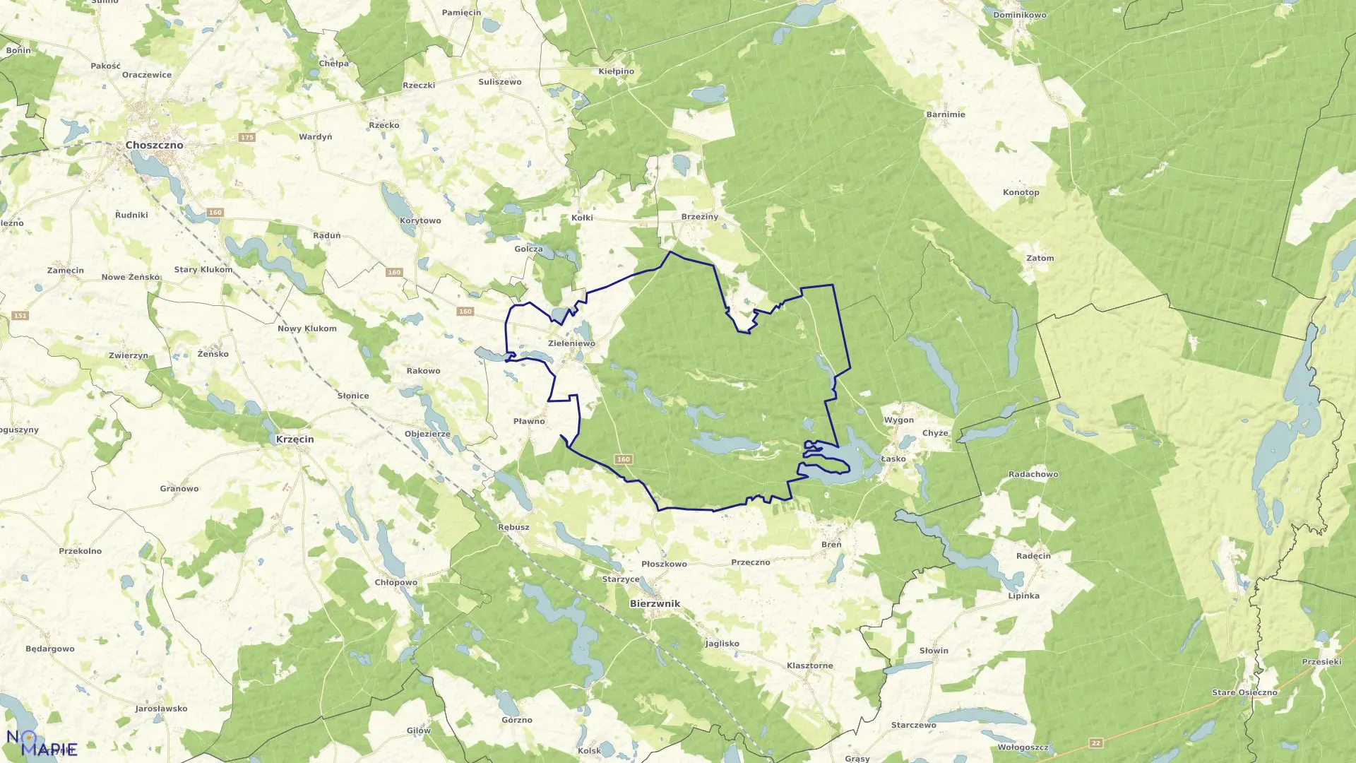 Mapa obrębu ZIELENIEWO w gminie Bierzwnik